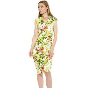New Alexia Admor Sheath Dress Large Cap Sleeve Cutout Shoulder Ivory Floral Knee